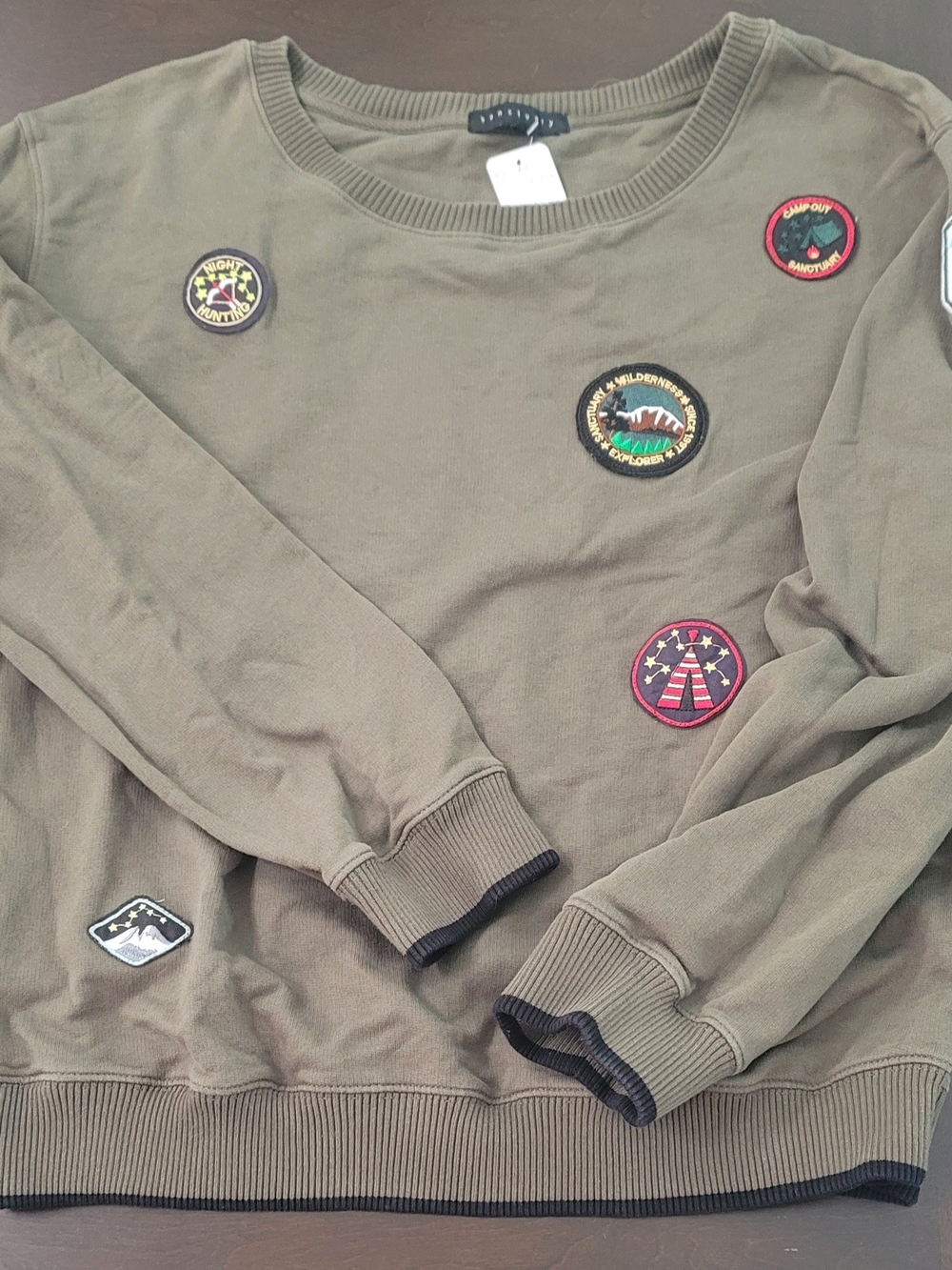 Sanctuary Olive Green Patchwork Crewneck Sweatshirt